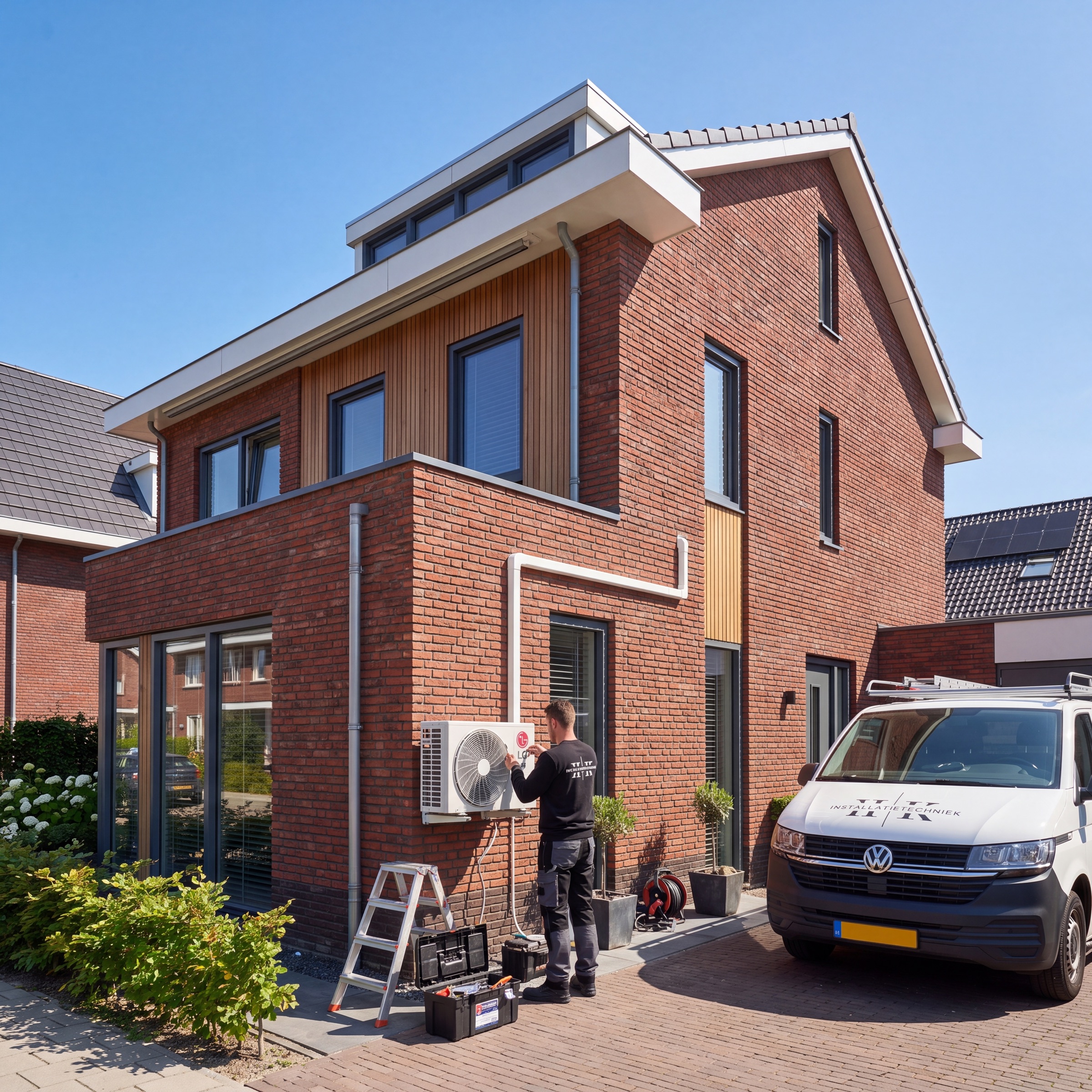 HK-monteur monteert een airco-buitenunit aan een woning