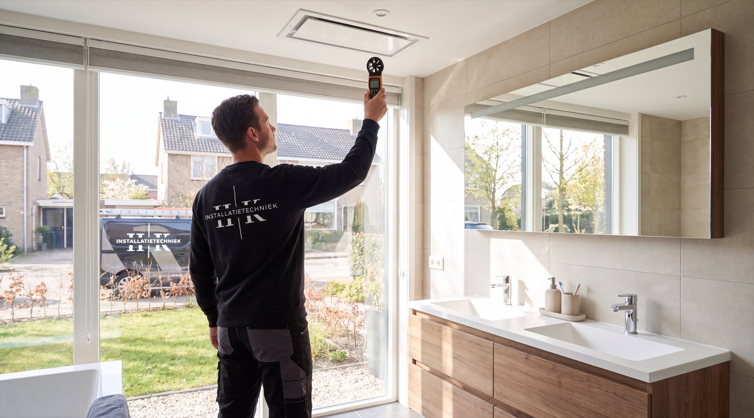 HK-monteur meet de ventilatiecapaciteit in een badkamer