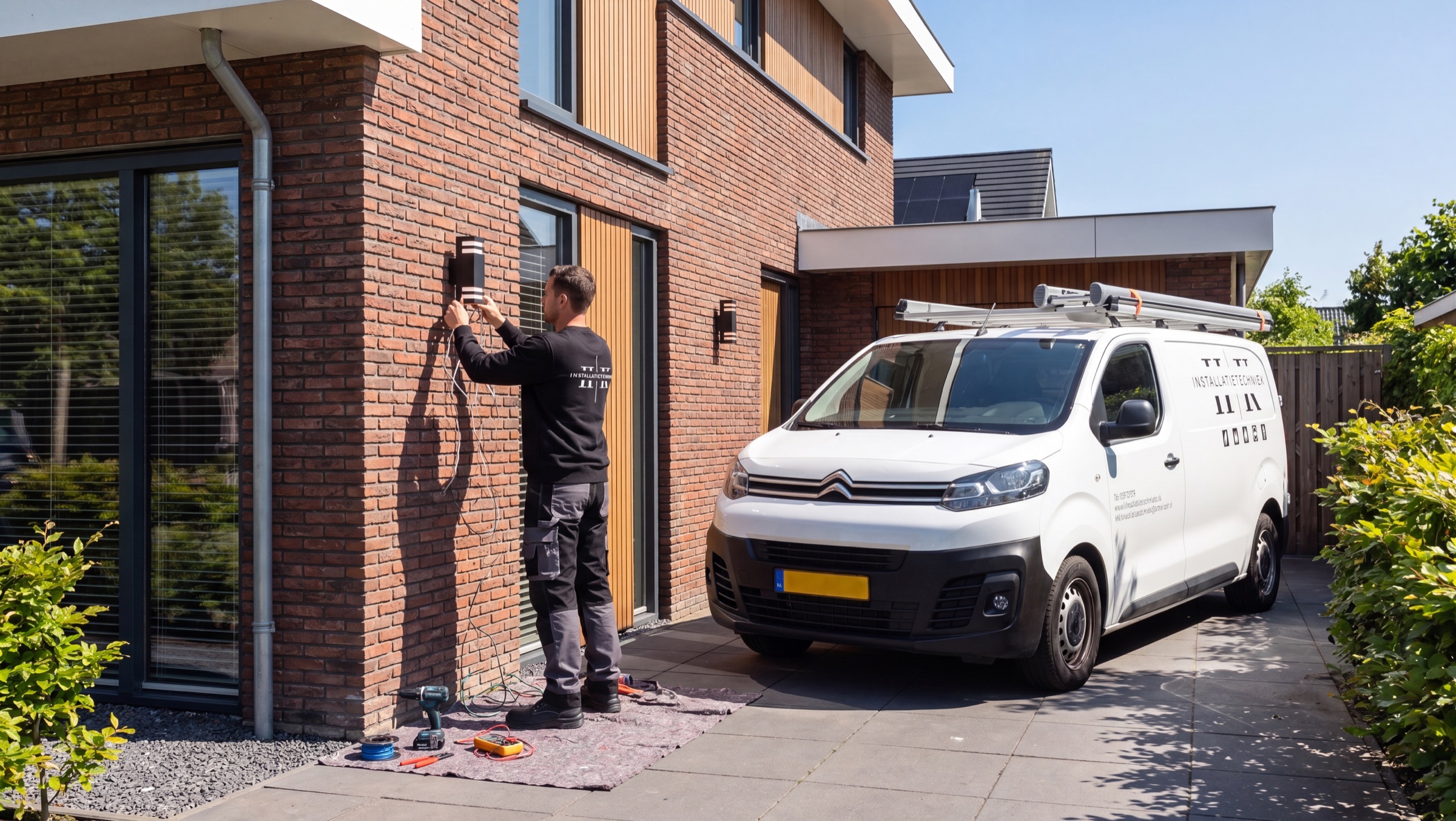 HK-monteur installeert gevelverlichting bij een woning met servicebus