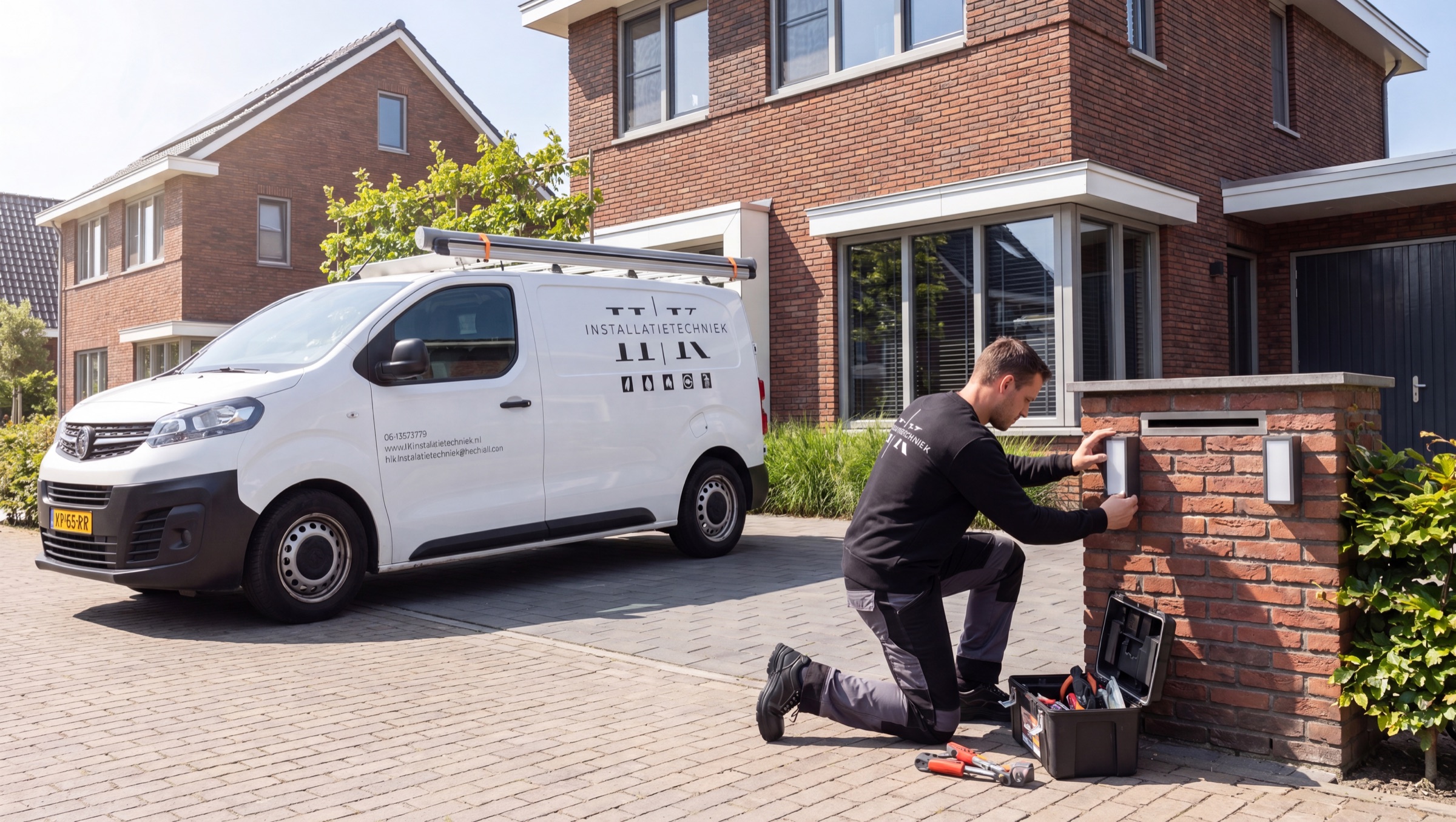 HK-monteur monteert buitenverlichting bij een tuinmuur met servicebus op de oprit