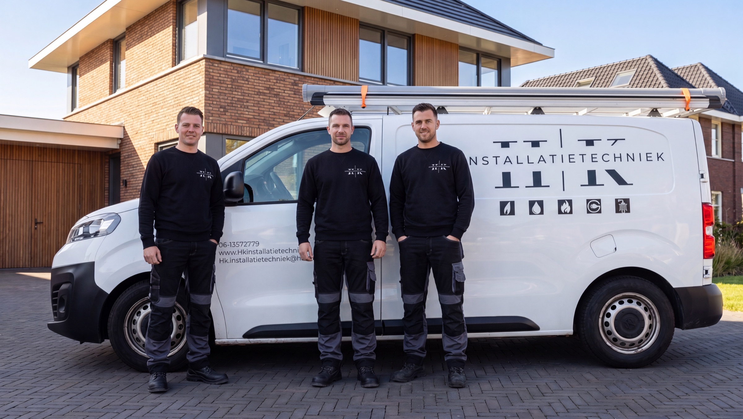 Team van HK Installatietechniek voor de servicebus bij een woning