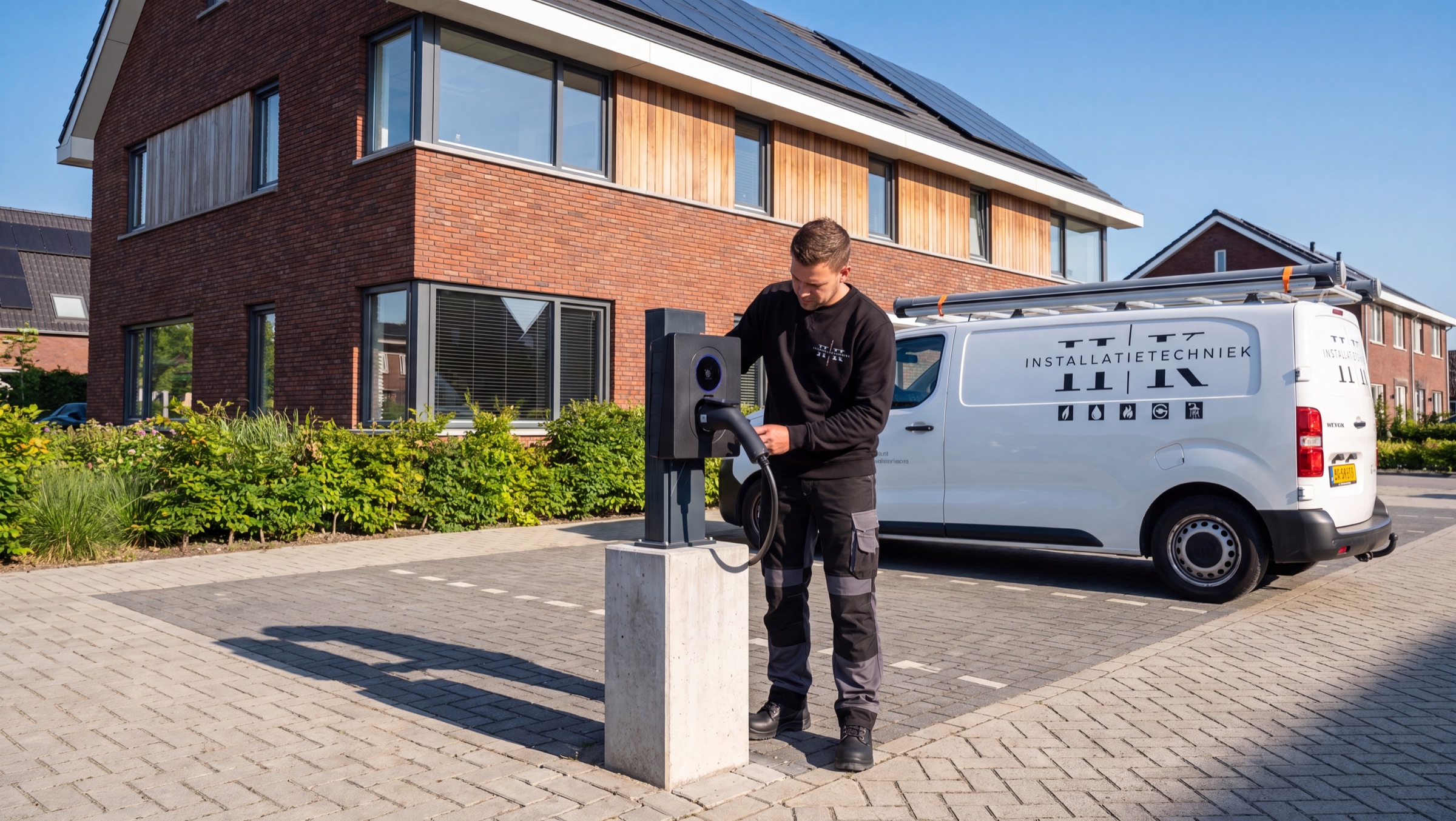 HK-monteur controleert een laadpaal op een bedrijfsterrein