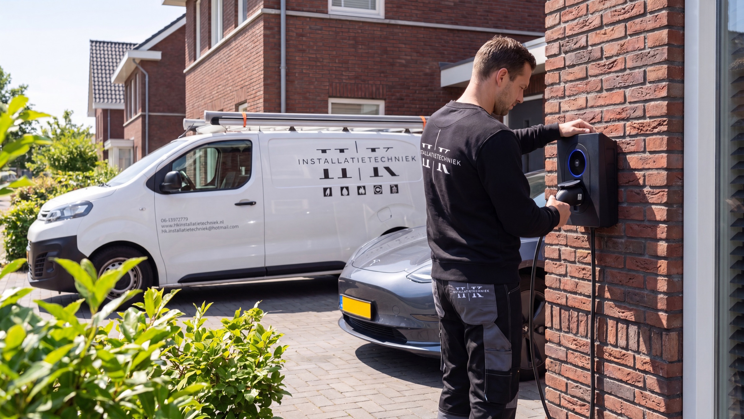 HK-monteur monteert een laadpaal bij een woning met servicebus op de oprit