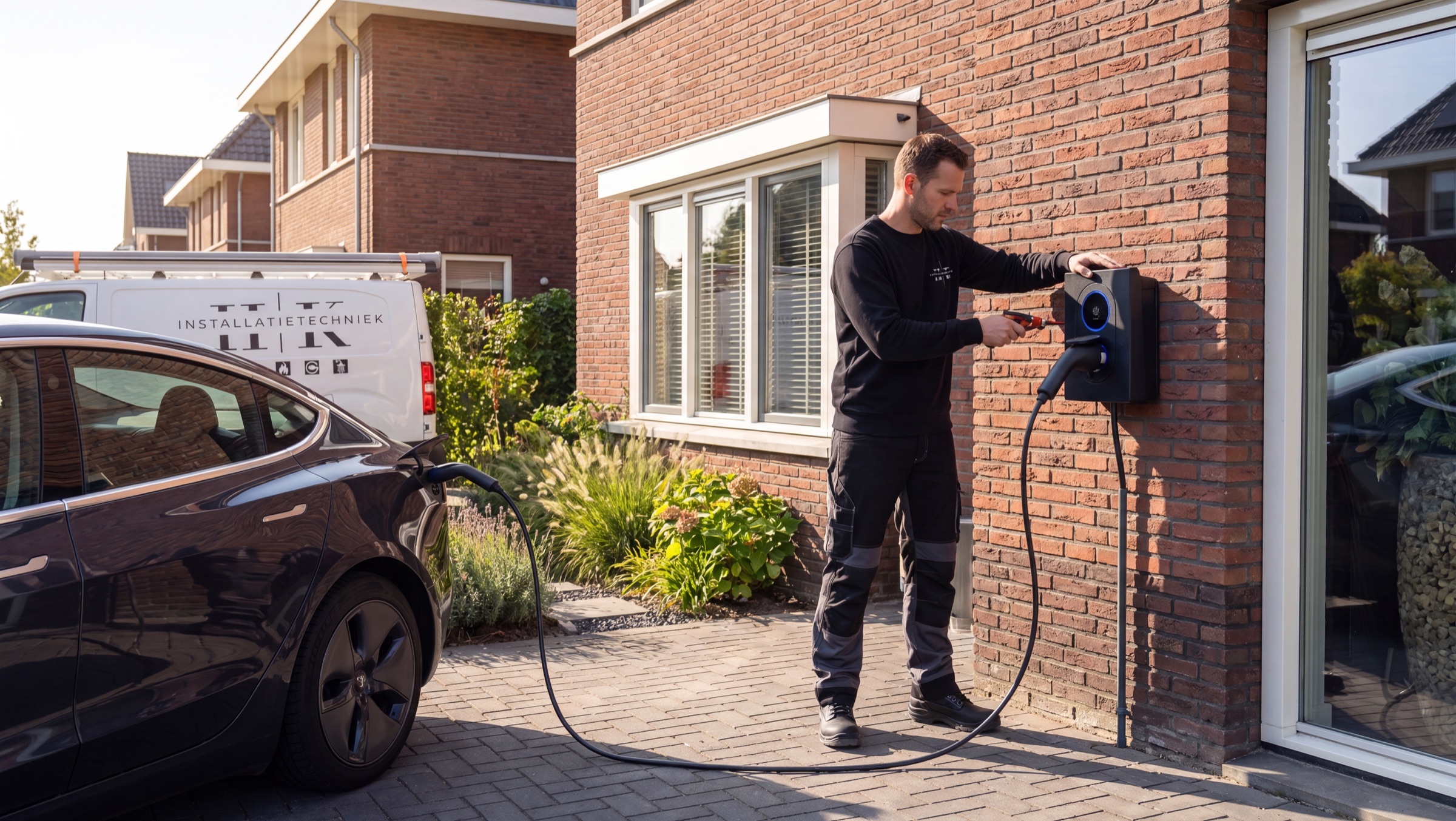 HK-monteur monteert een thuislaadpaal naast een elektrische auto