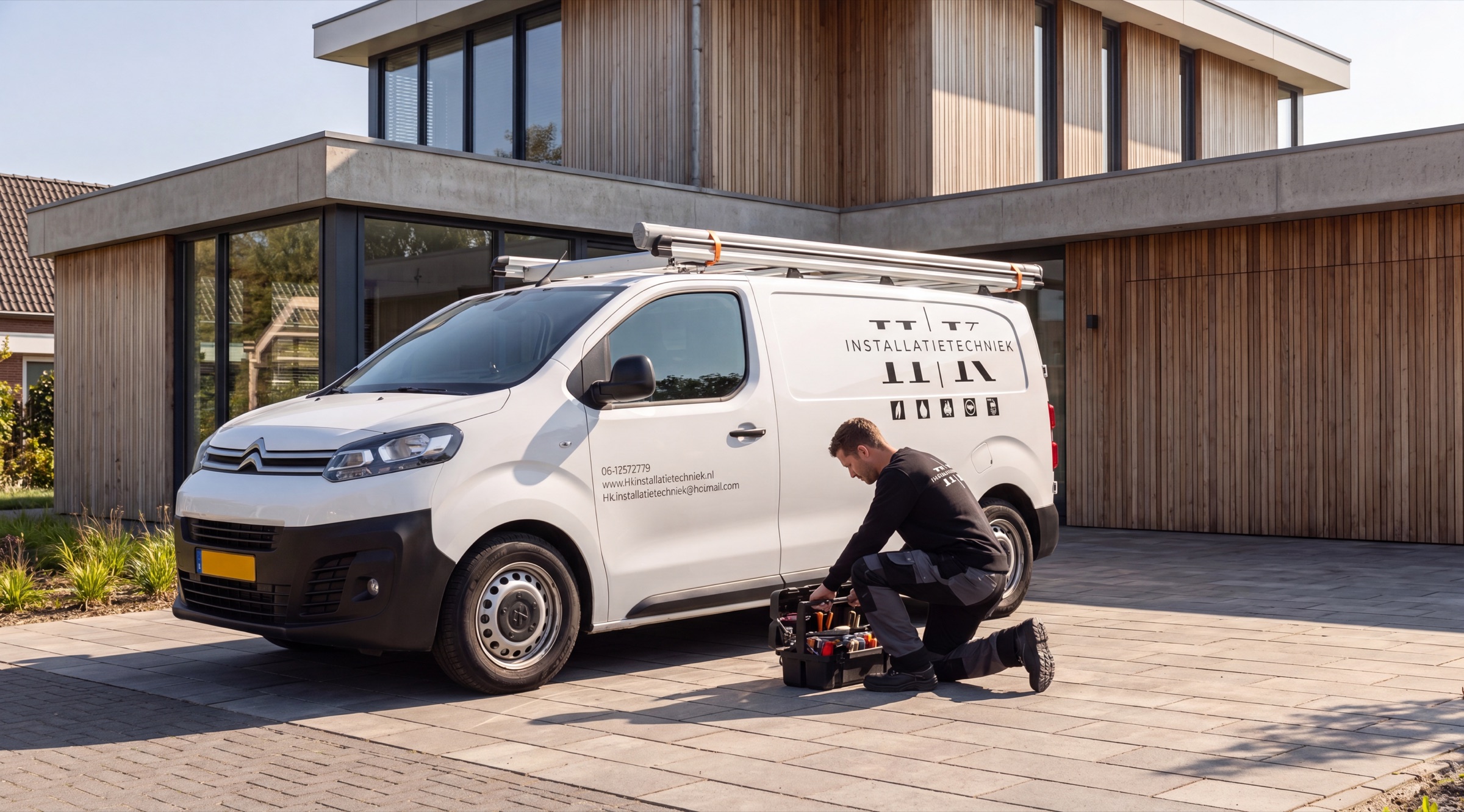 HK-monteur pakt gereedschap uit de servicebus bij een woning