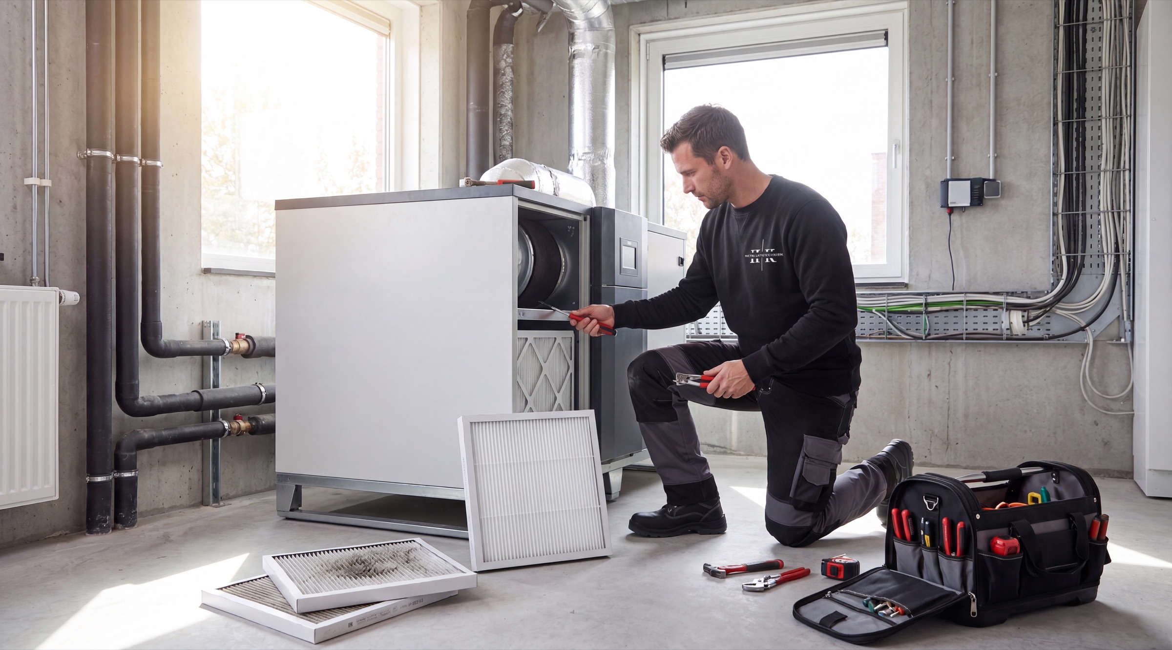 HK-monteur onderhoudt een ventilatiesysteem in een technische ruimte