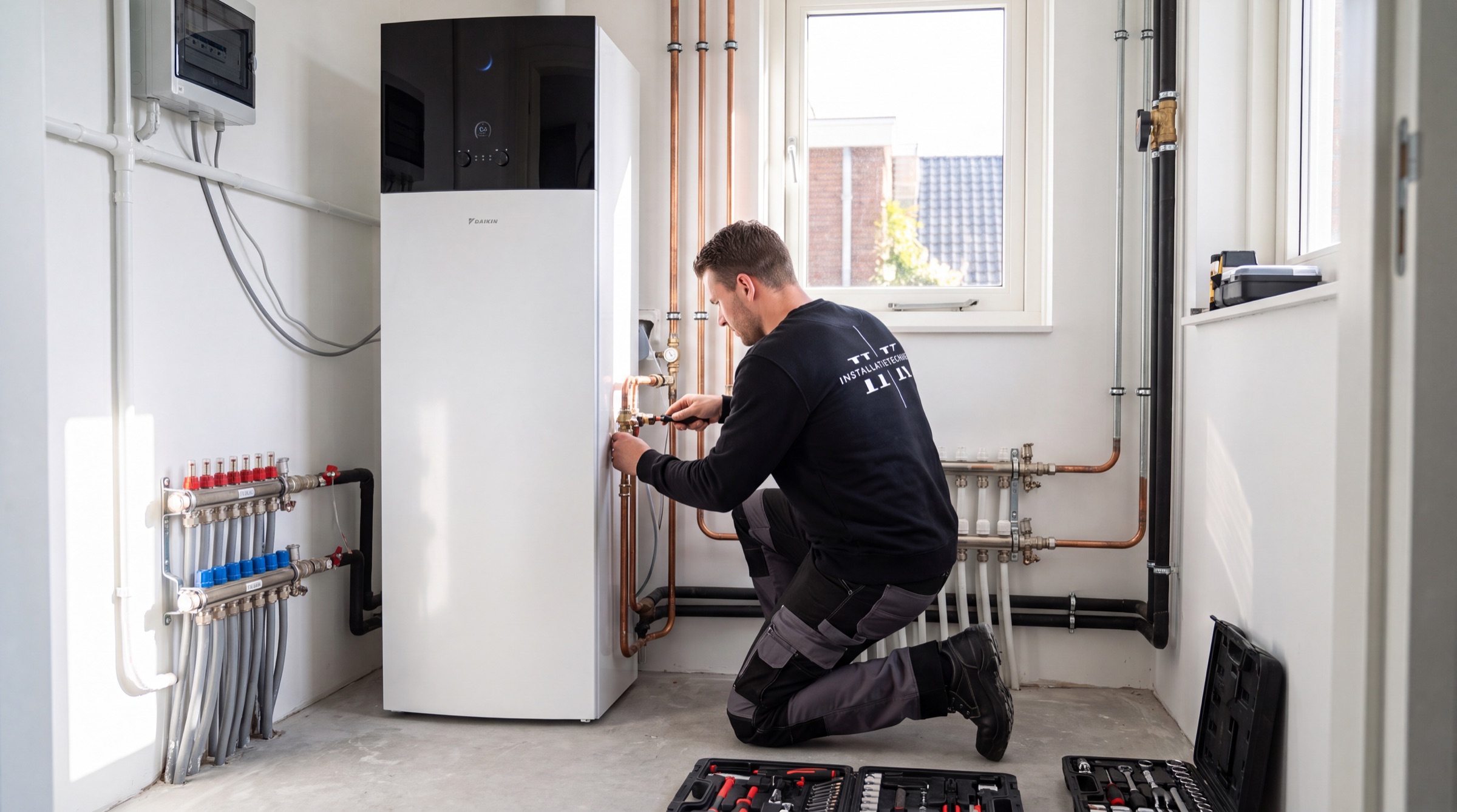 HK-monteur monteert koperleidingen bij een warmtepompinstallatie