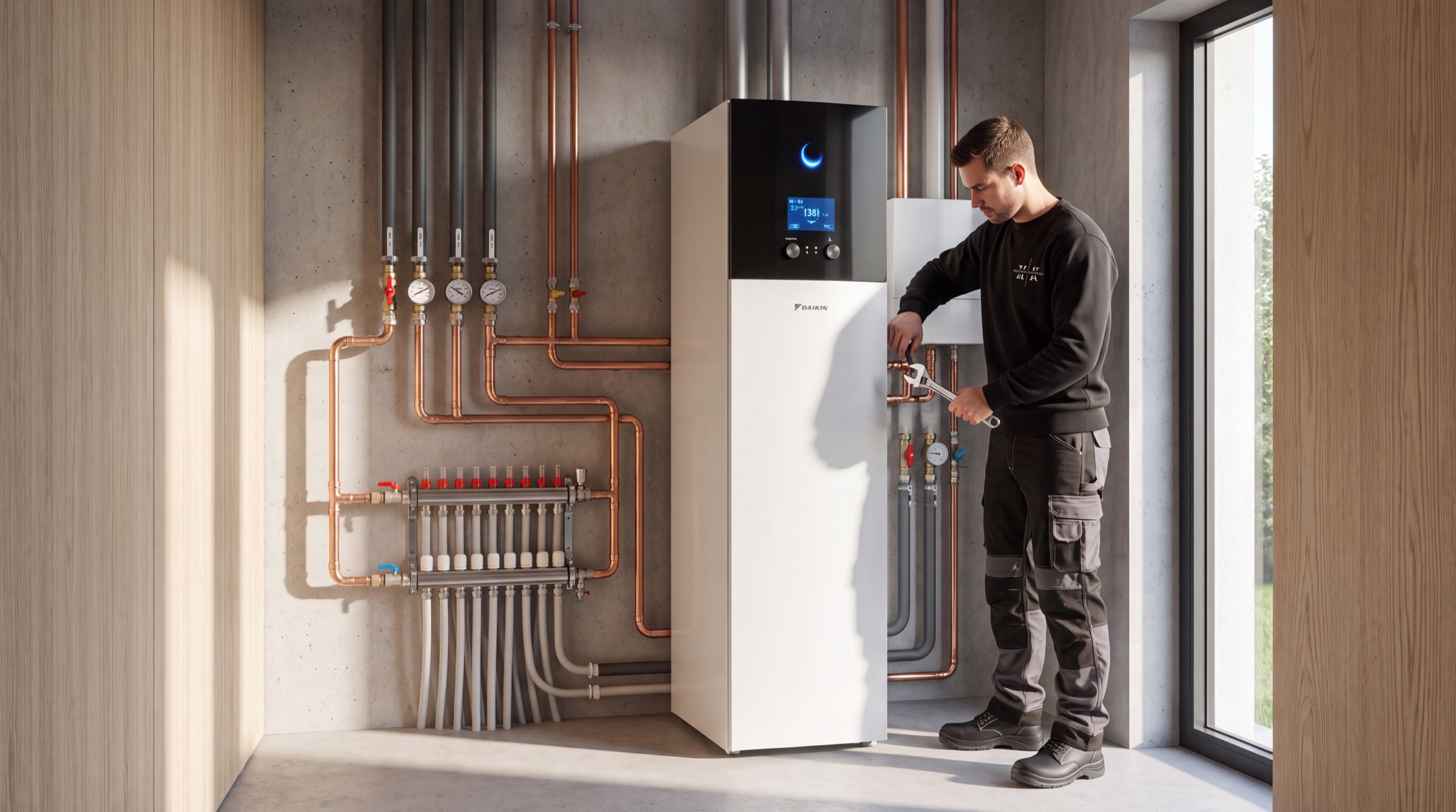 HK-monteur werkt aan een Daikin warmtepomp in een technische ruimte